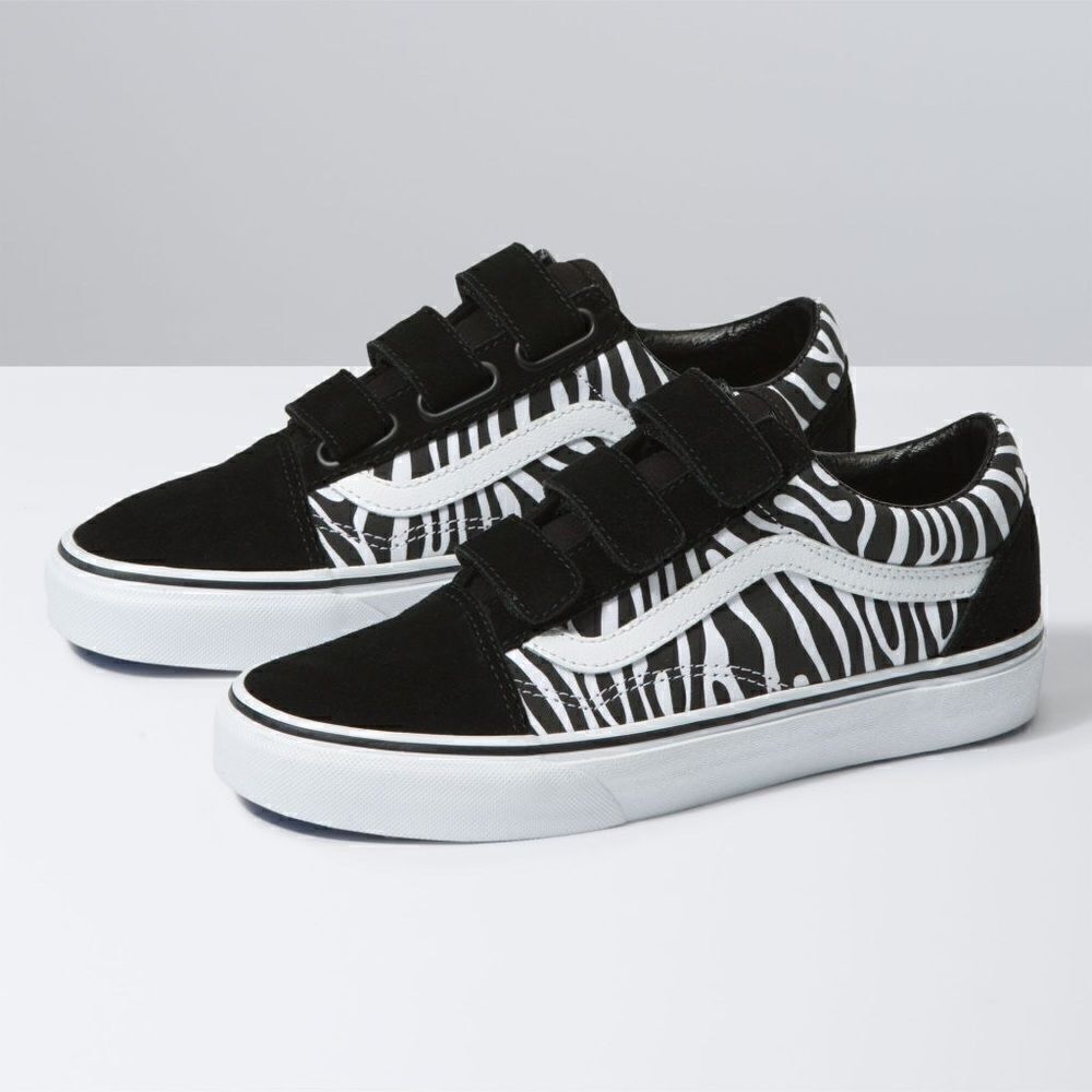 Vans Old Skool Velcro Suede Canvas Black Zebra Sneakers Size 7